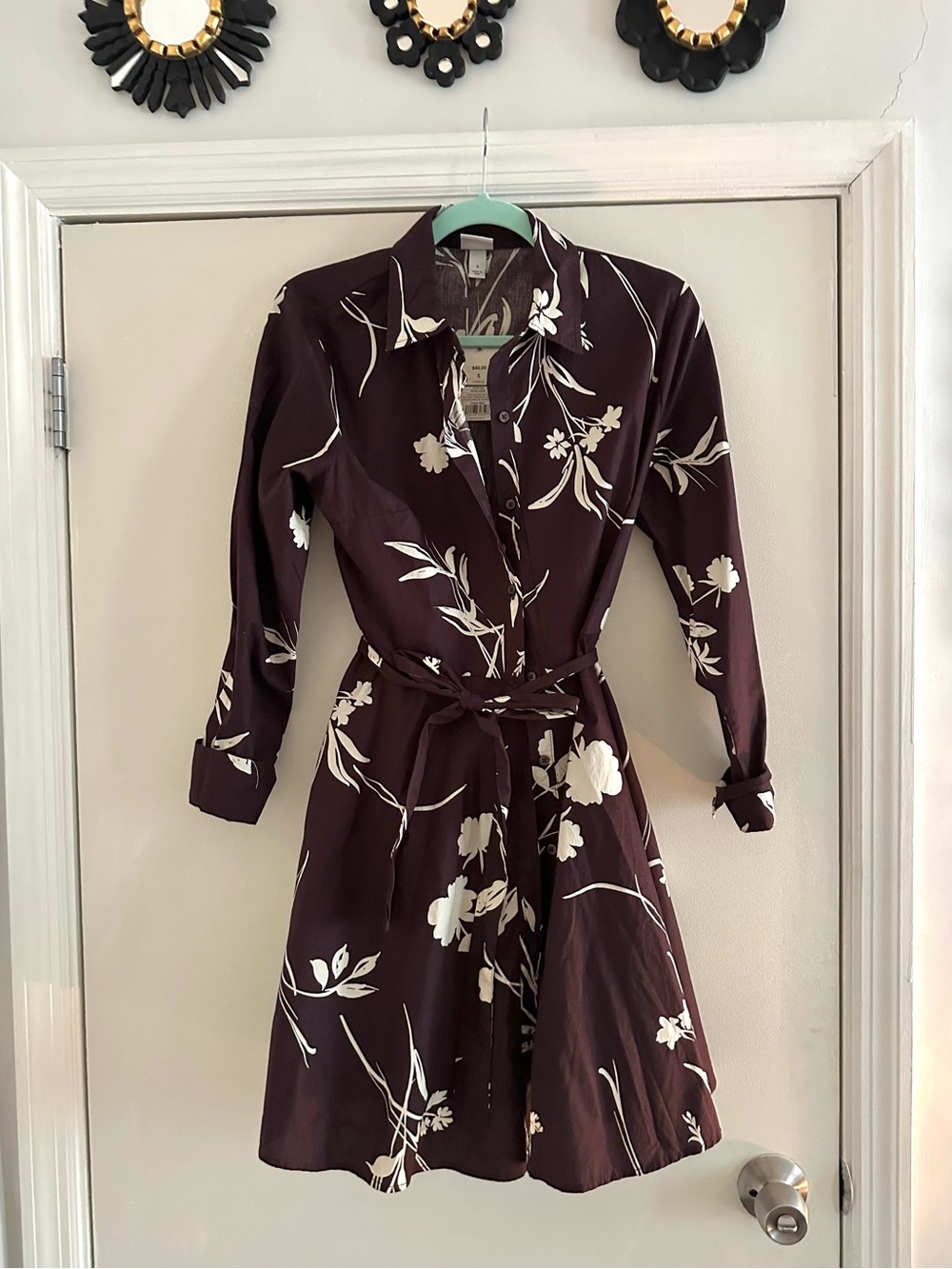 Dark Plum Floral Shirt Dress with Tie Waist
